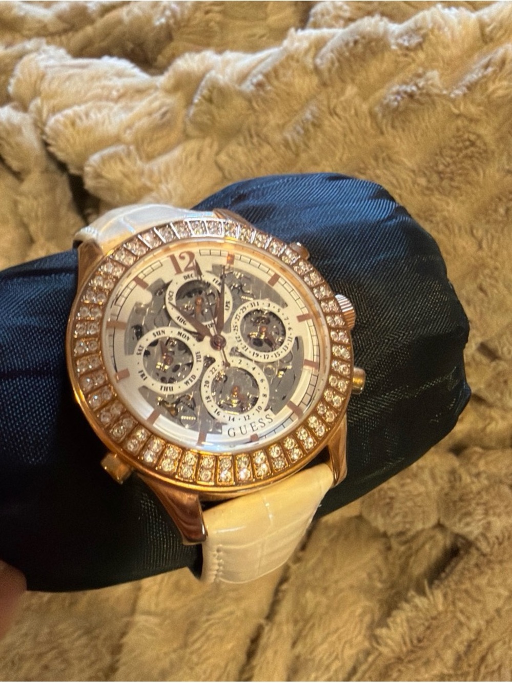 GUESS Rose Gold Watch with White Strap and Crystal Bezel